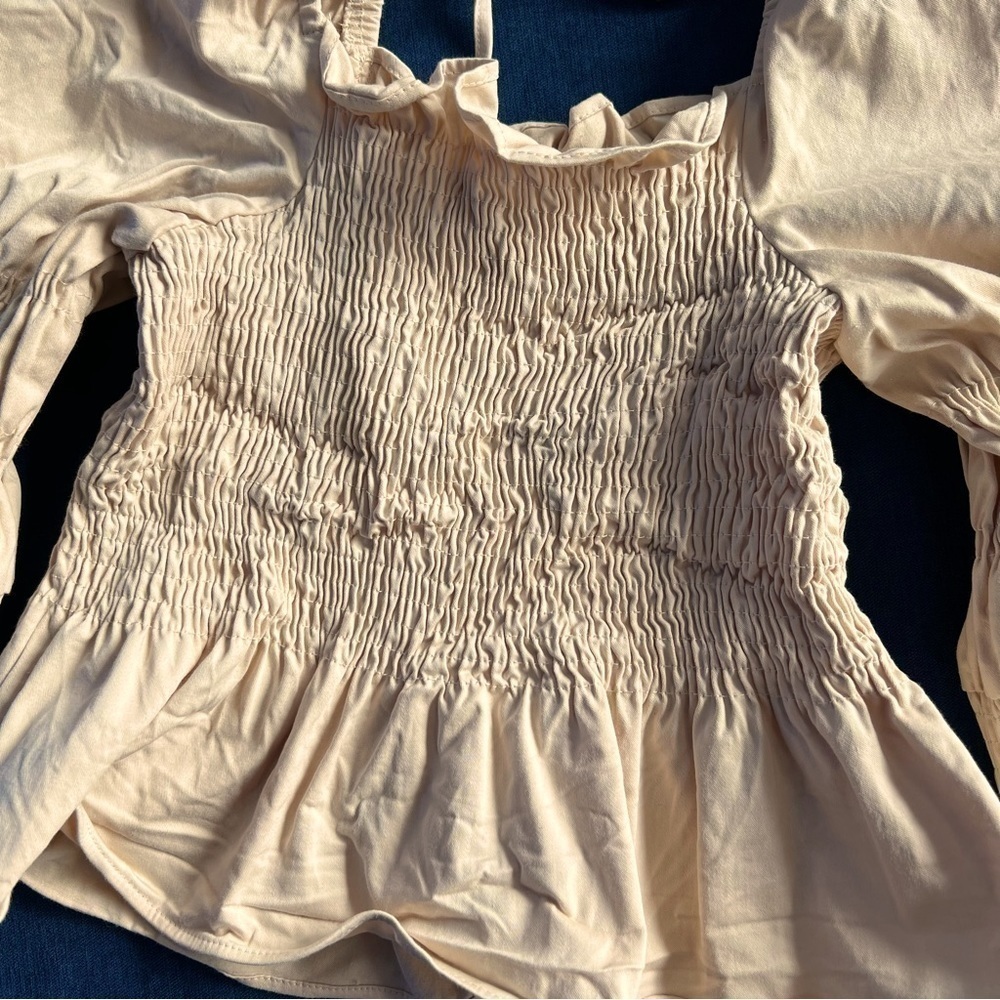 Topshop milkmaid shirred blouse long sleeve statement unique neutral office - Picture 6 of 6